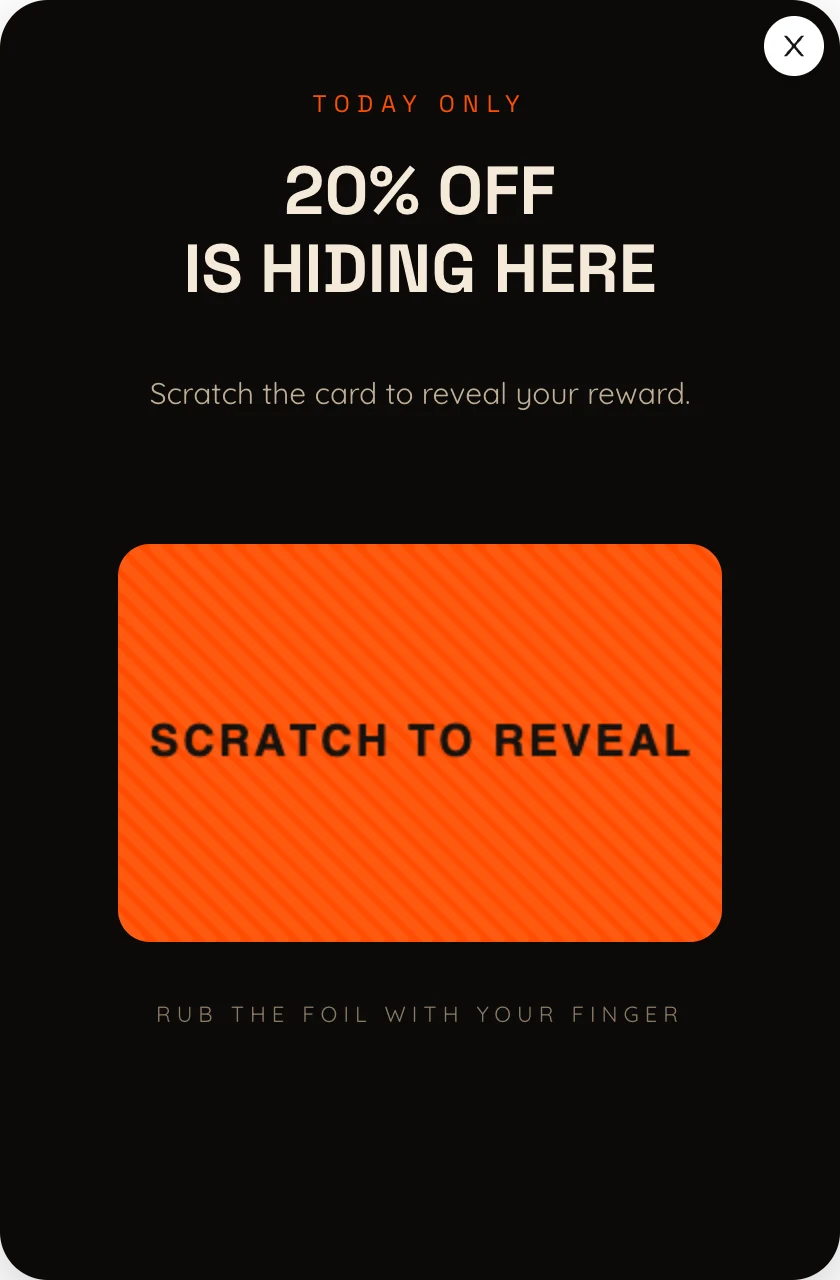 Inferno Classic, the starter Scratch the Card theme: a dark card with a foil-covered scratch area and bold orange type