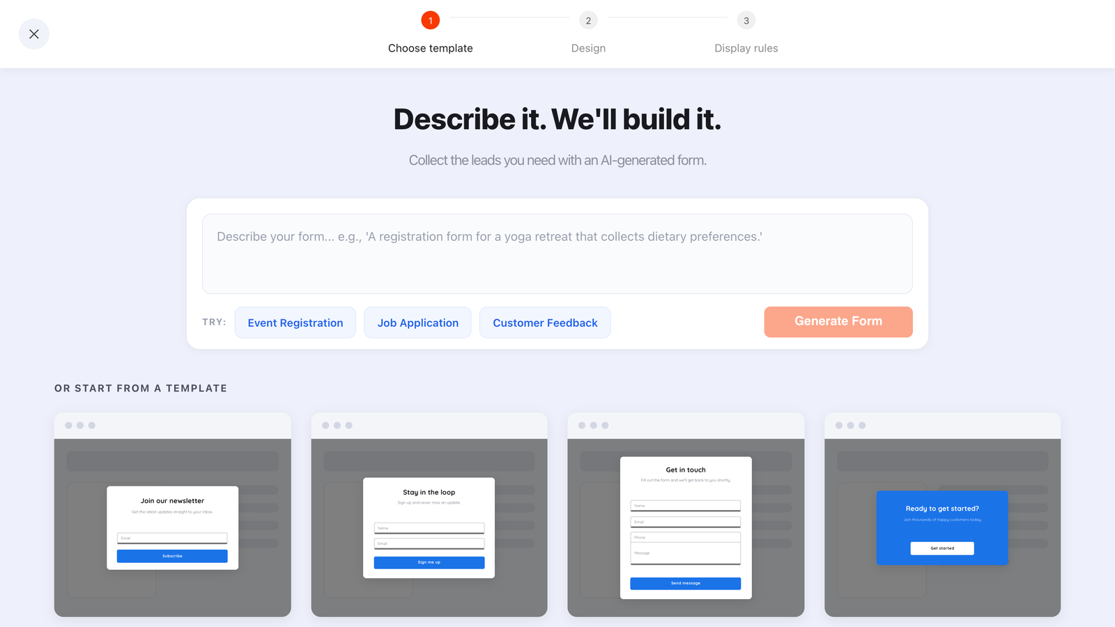 The ChilliPopup AI bar above the form template gallery, with example briefs for event registration, job application and customer feedback