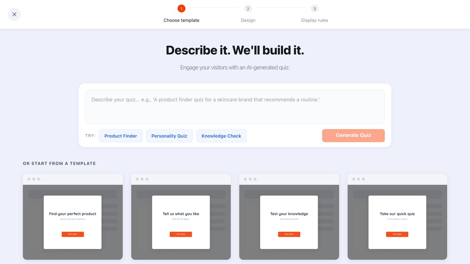 The ChilliPopup AI bar above the quiz template gallery, with example briefs for a product finder, personality quiz and knowledge check