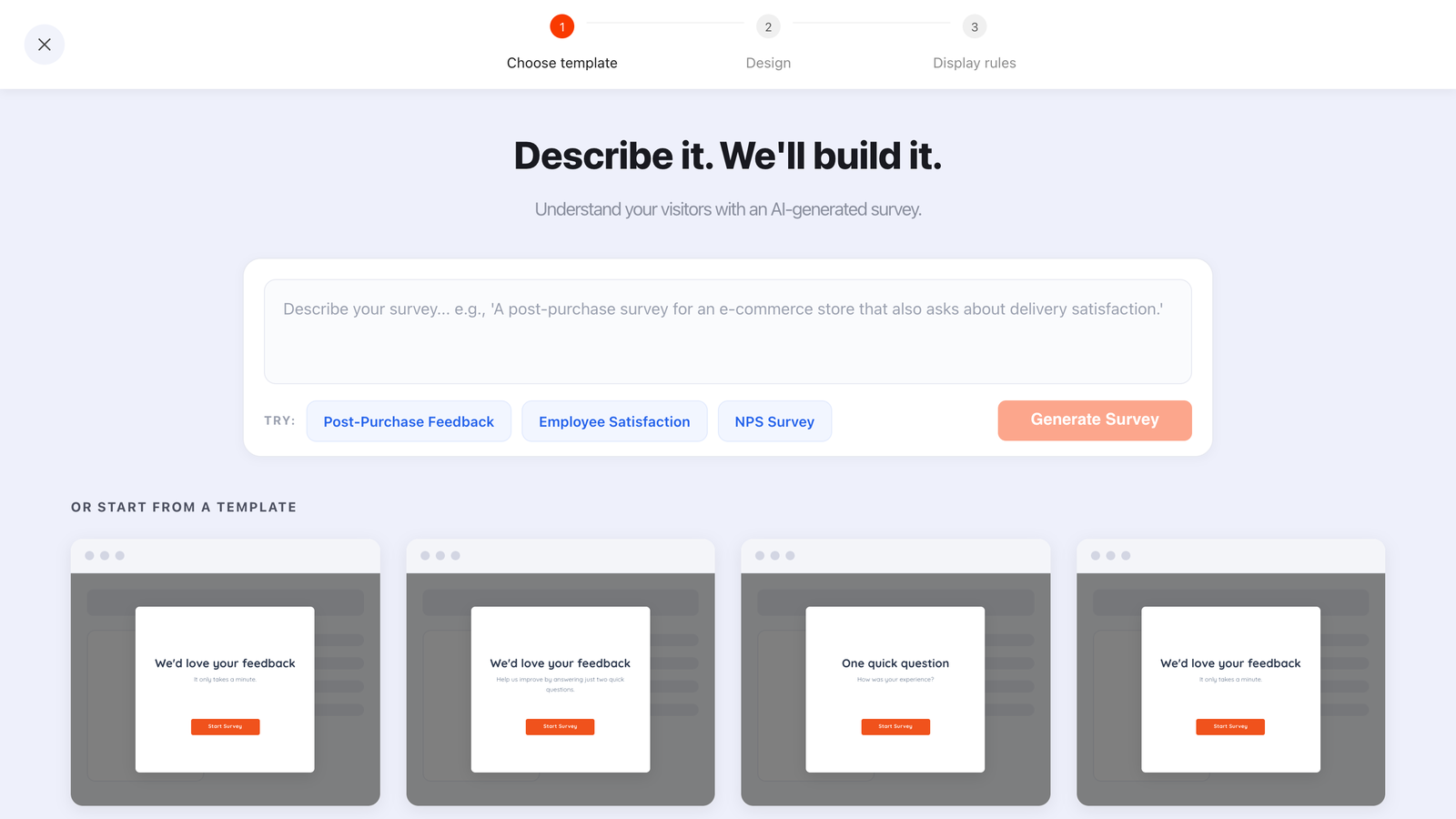 The ChilliPopup AI bar above the survey template gallery, with example briefs for post-purchase feedback, employee satisfaction and NPS