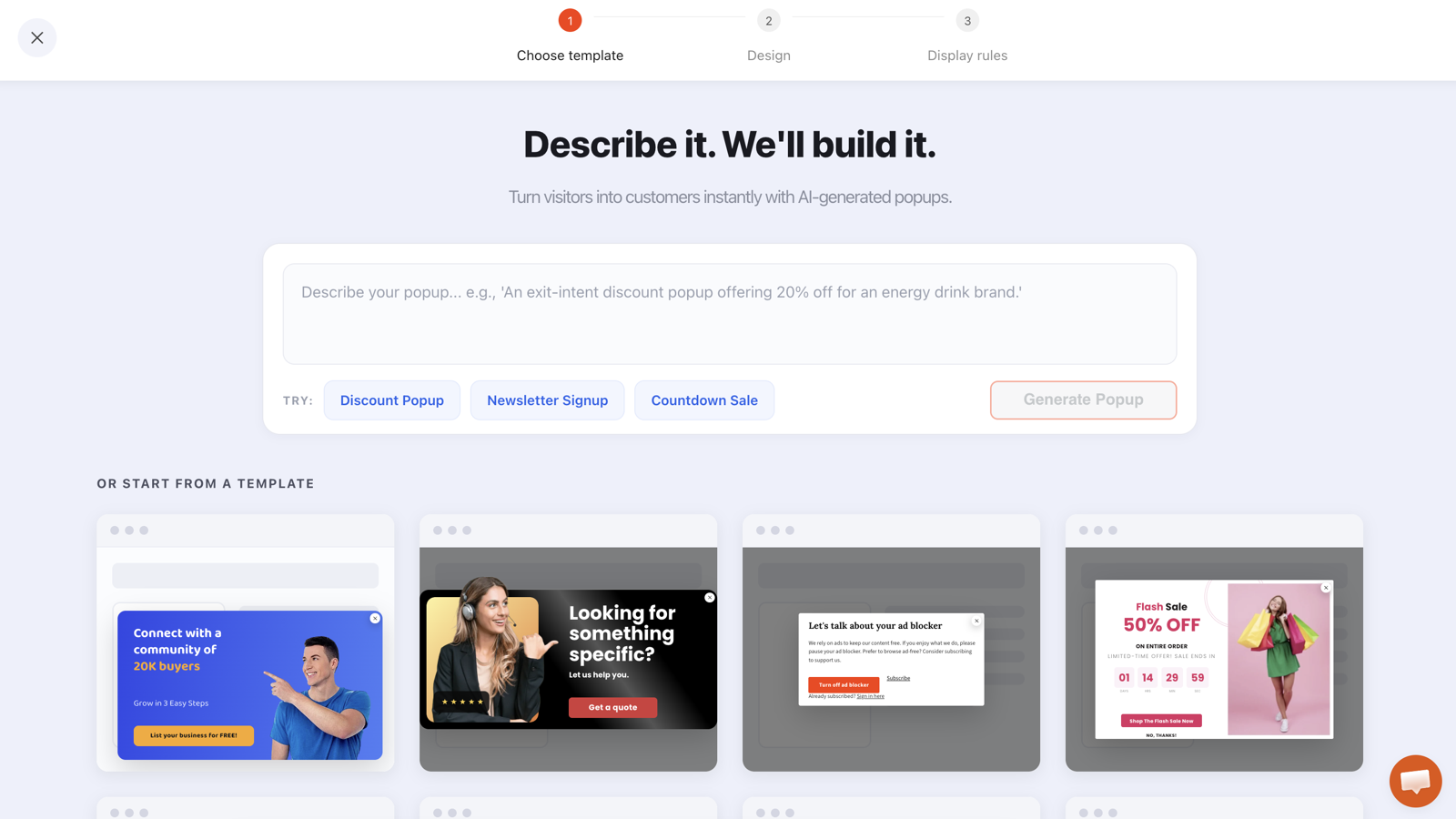 The ChilliPopup AI bar headed “Describe it. We'll build it.” above the popup template gallery