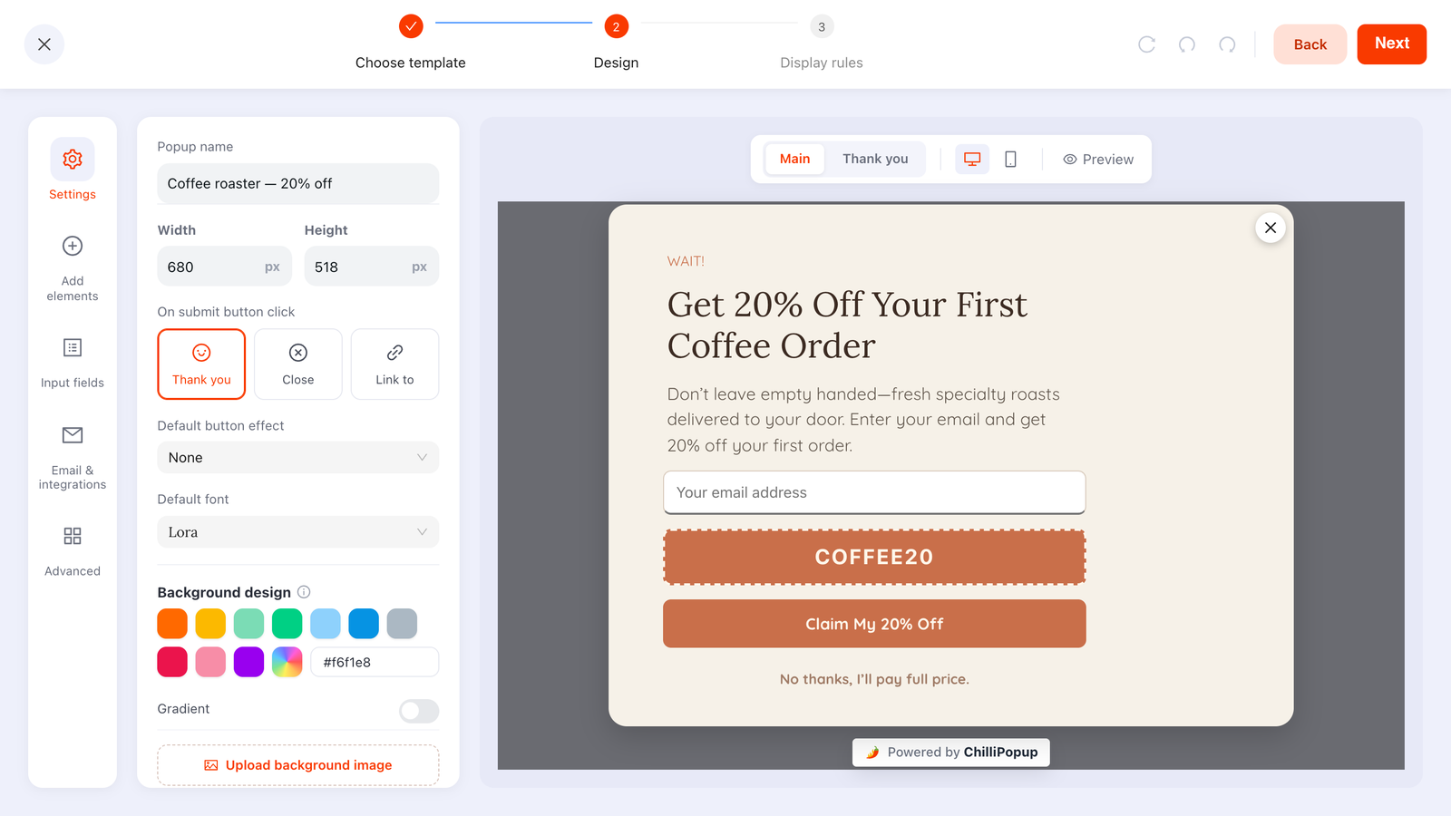 An AI-generated coffee-roaster discount popup open in the ChilliPopup drag-and-drop editor