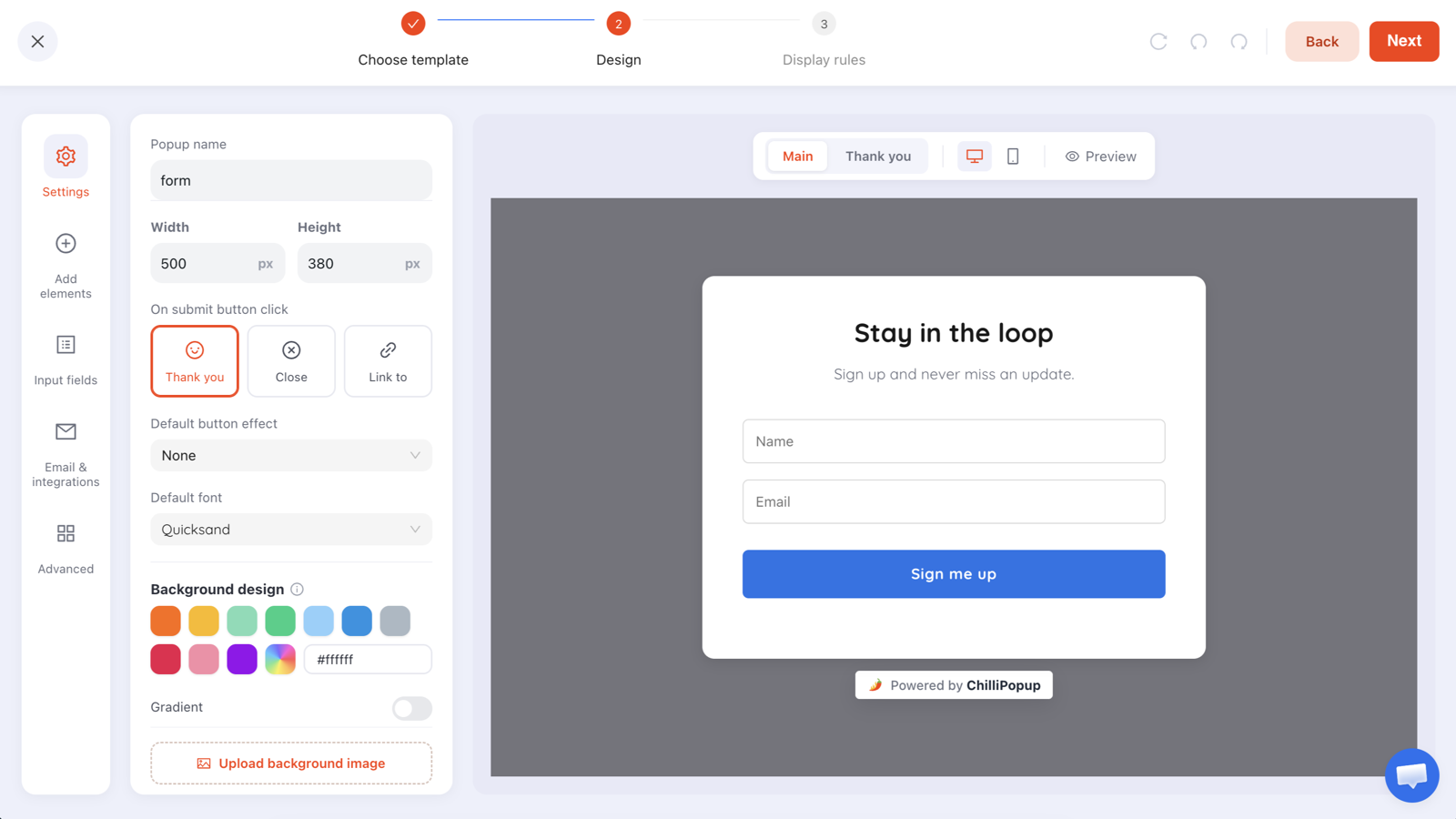 The ChilliPopup form builder with a Stay in the loop form on the canvas and the Input fields rail