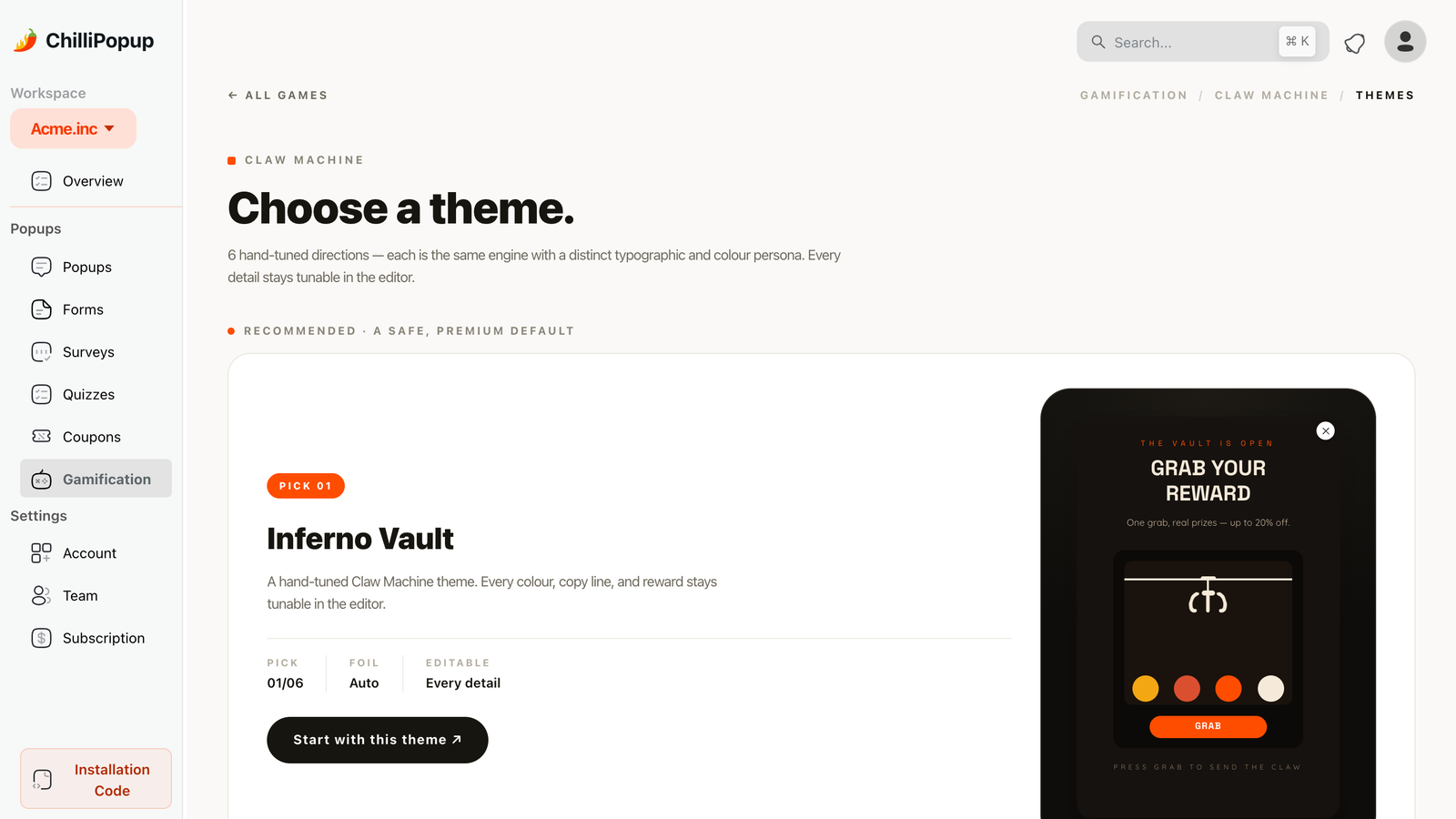 The Claw Machine theme picker in ChilliPopup: a recommended theme and a grid of alternatives, each a live preview