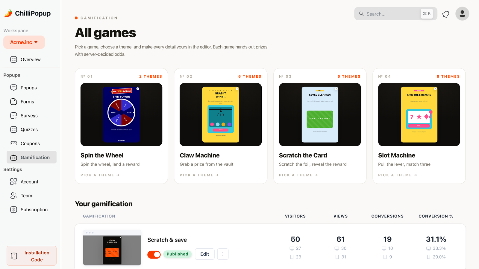 The ChilliPopup gamification catalog showing Spin the Wheel, Claw Machine, Scratch the Card and Slot Machine, each with a live preview