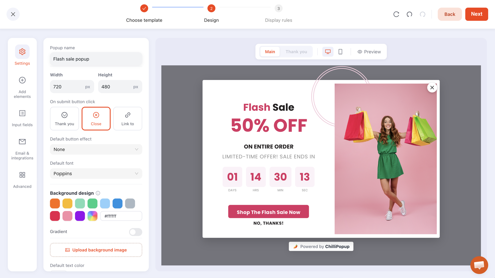 The ChilliPopup popup editor with a “Flash Sale 50% OFF” popup on the design canvas and the settings panel