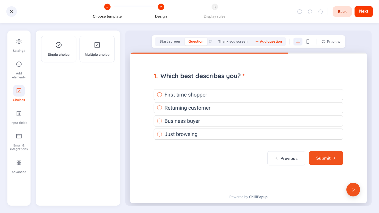 The ChilliPopup quiz editor: a “Which best describes you?” question with four single-choice options, the Choices rail, and Start screen / Question / Thank you screen tabs