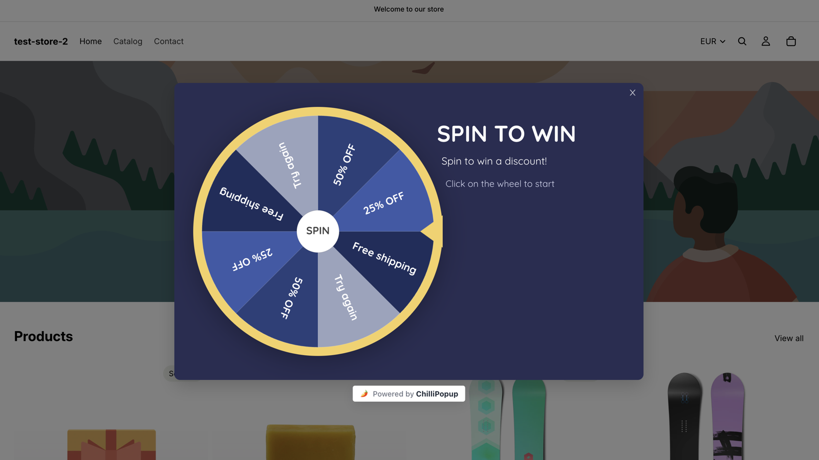 A ChilliPopup prize wheel shown live as an overlay on a storefront