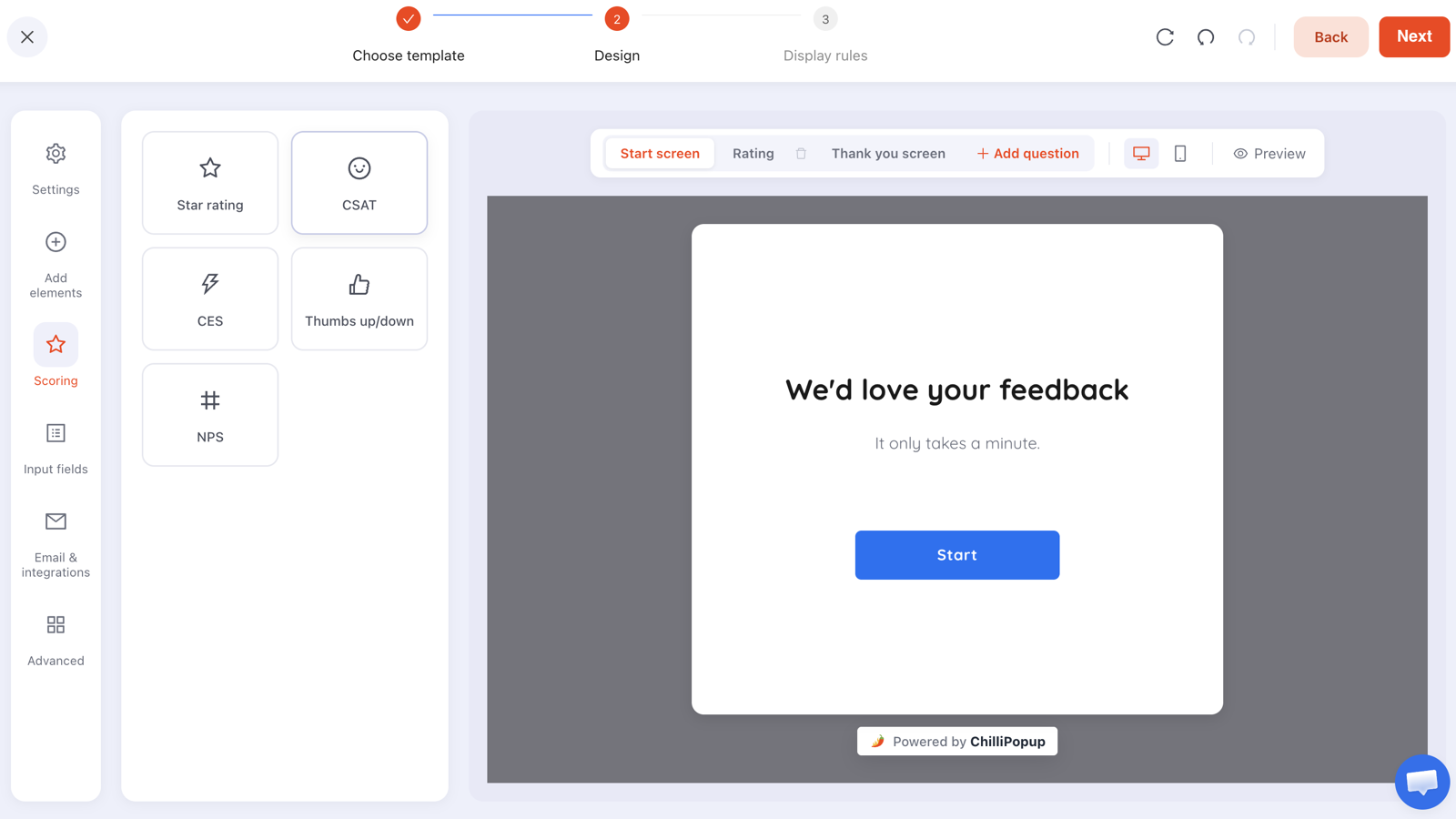 The ChilliPopup survey builder with the Scoring rail and a feedback start screen on the canvas